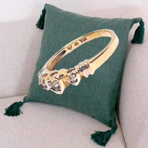 10k Gold Ring with 3 Hearts & Natural Diamonds